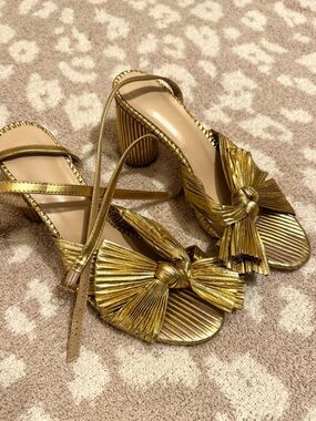 Gold Metallic Knotted Pleat Block Heel Sandals